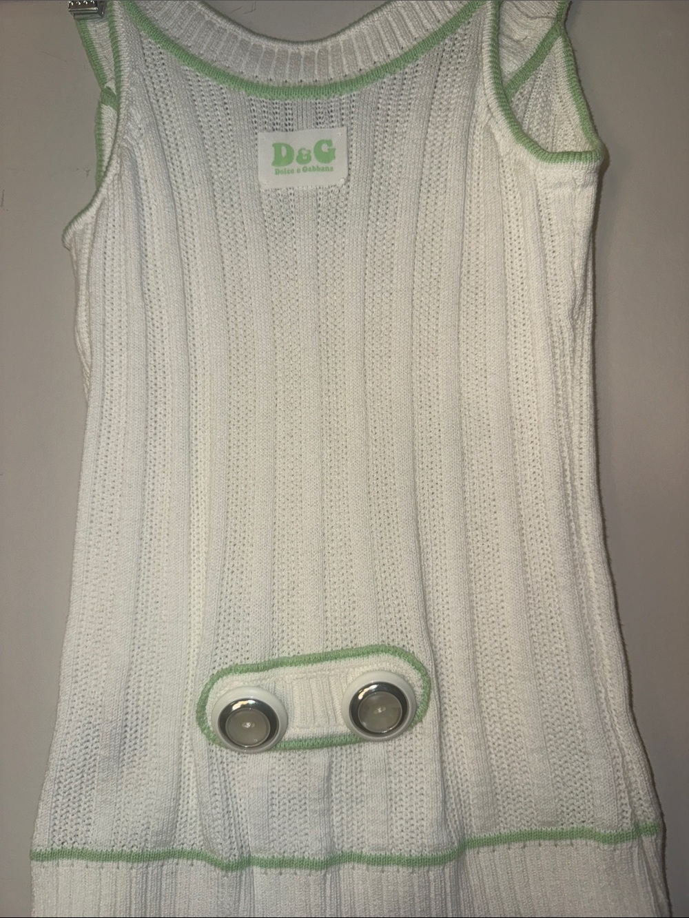 Archival Vintage D&G White Ribbed Tank with Light Green Trim and Button Details - Picture 7 of 9